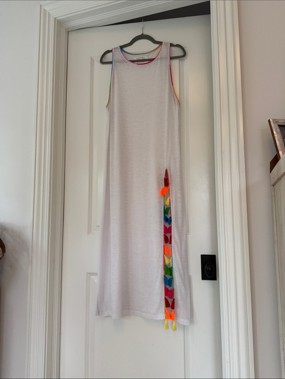 Girls White Sleeveless Maxi Dress with Rainbow Trim